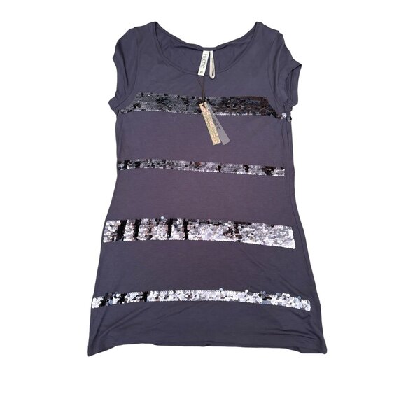 Kirsche Mermaid Sequin Stipe Purple Gray Stripe Short Sleeve Shirt XS NWT - Picture 1 of 4